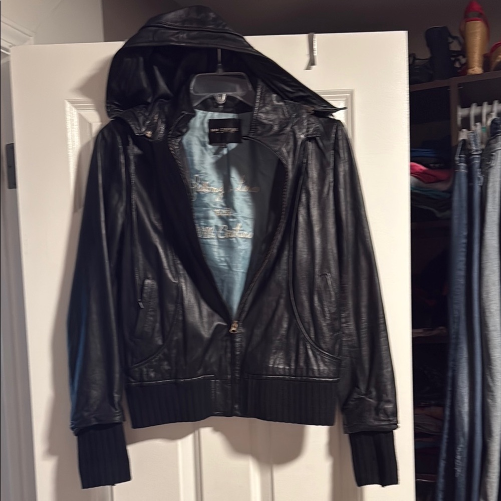 Black Leather Jacket with Hood